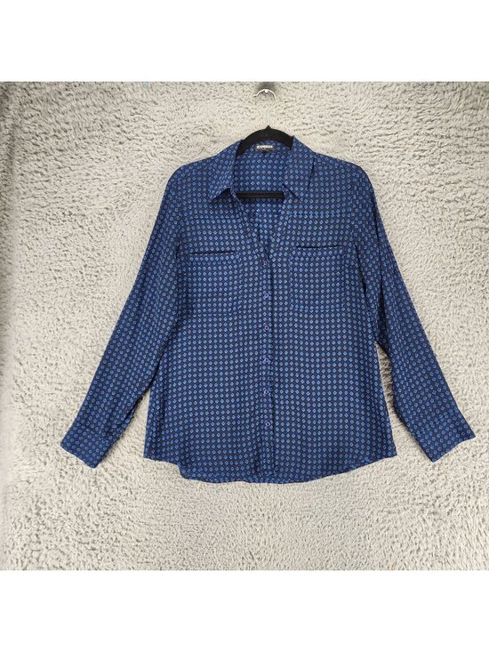 Express Tops - Express Womens Large Blue Diamond Print Long Sleeve Button Up